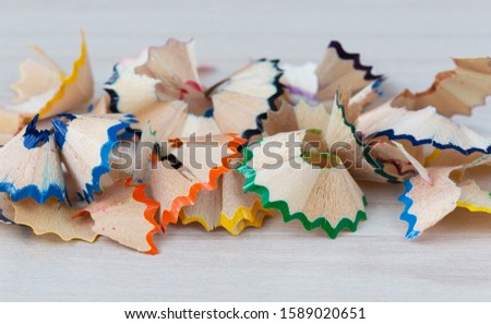 Shavings from sharpening colored pencils close-up on a light background