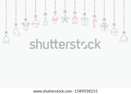 Hanging Christmas icons. Empty card with decorations and copyspace. Vector