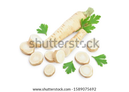 Parsley root with slices and leaves isolated on white background. Top view. Flat lay