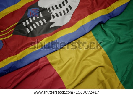 waving colorful flag of guinea and national flag of swaziland. macro