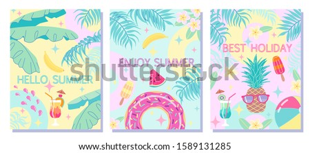 Colorful summer backgrounds with palm leaves, swimming ring, ball, cocktail, ice cream and fruits. Fun template collection poster, flyer, beach party invitation or banner vector flat illustration. 