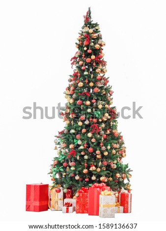 New Year and Christmas tree decorated with toys on a white background