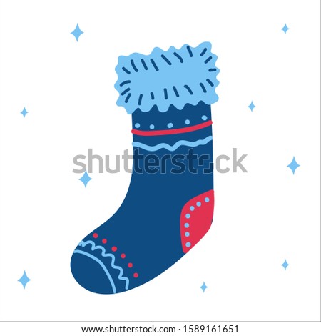 Christmas traditional classic blue boot for gifts in scandinavian hand drawn style. Vector illustration, one simple bright object, square format. Suitable for social media, a greeting card or banner.