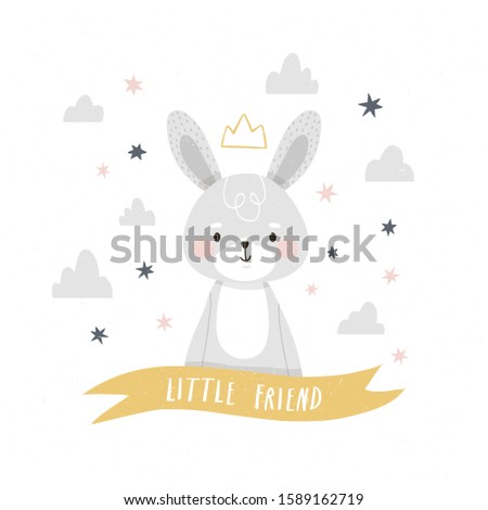 Little cartoon bunny character with stars and clouds. Vector illustration of baby bunny on white background for nursery room decor, posters, greeting cards and party invitations