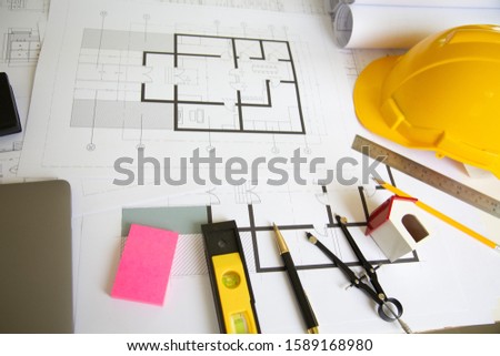 Architectural office desk background construction project ideas concept, With drawing equipment conceept
