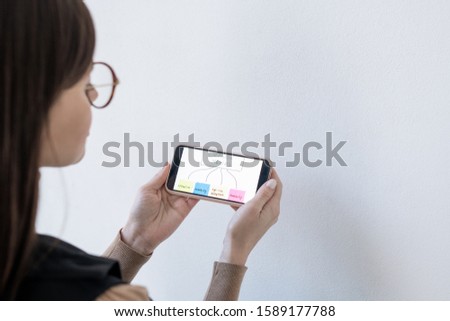 Hands of female business coach holding smartphone with decision making flow chart while standing by whiteboard