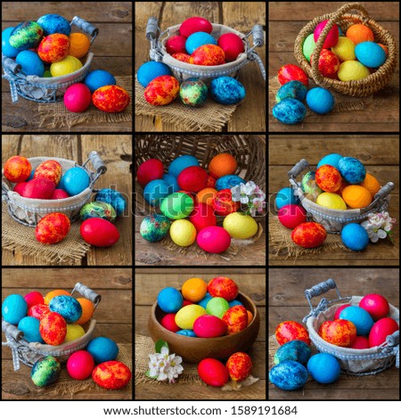 easter collage - pictures with painted eggs on wooden background