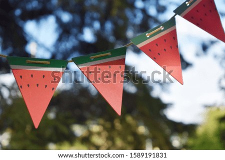 garland of paper triangles on a rope. watermelon slices