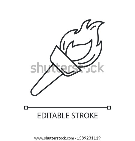 Medieval torch linear icon. Flambeau. Burning fire. Beacon. Flare, bonfire. Ancient olympic sport victory. Thin line illustration. Contour symbol. Vector isolated outline drawing. Editable stroke