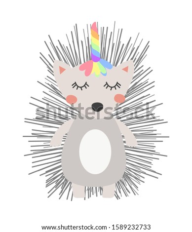 Hand drawn a cute funny hedgehog with a unicorn horn, Scandinavian style flat design. Concept for children print.