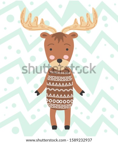 Cute moose flat hand drawn illustration. deer, reindeer. Woodland animal character. Elk clipart. Postcard, kids book design element