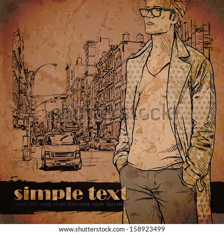 Stylish dude with bag  on a street-background. Vector illustration.