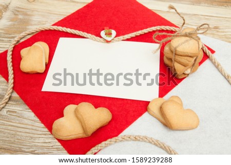 Blank, Happy Valentine's day, greeting card with cookies hearts. Handmade concept. Your text