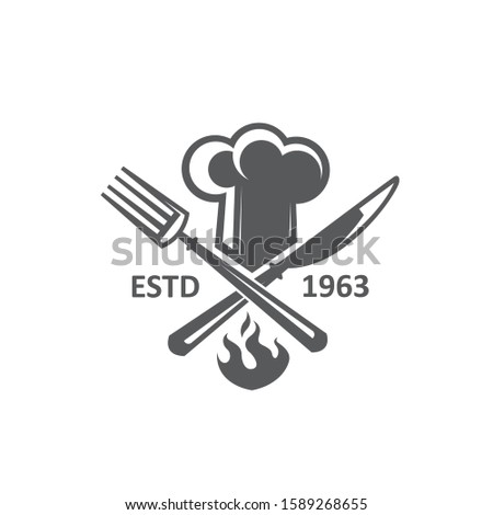 monochrome illustrations of crossed knife, fork and chef hat isolated on white background