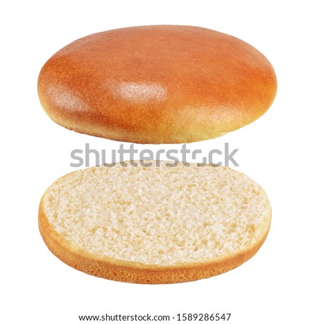 Sesame-free flying hamburger bread or bun without anything isolated on white background
