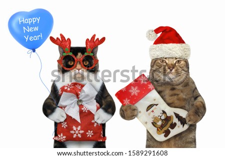 The two cats celebrate New Year. The first in red glasses holds a bag of gifts and a blue balloon, the second in a Santa Claus hat holds a Christmas stocking. White background. Isolated.