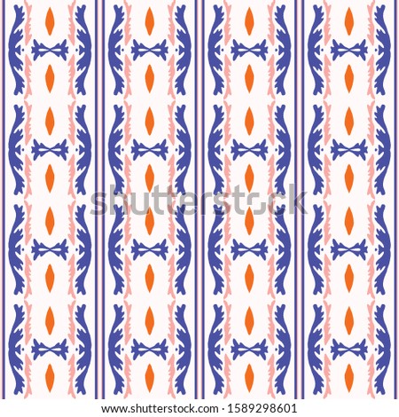 Bold Summer Stripe Classic Blue Red on White Background. Vertical Mariner Style Seamless Pattern. Ethnic Arabesque Flourish Motif. Bright Decorative Geometric Textile. Allover Print Vector Eps 10 Tile