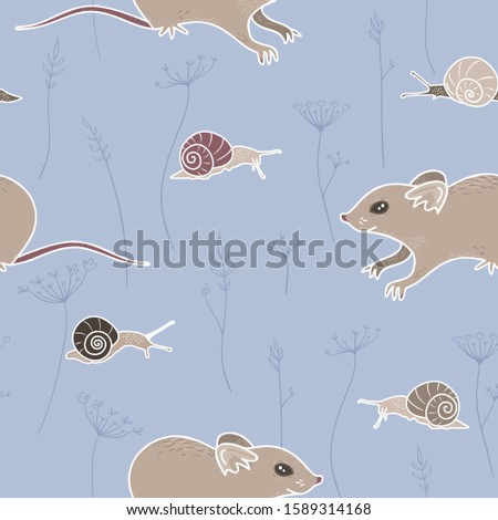 Vector Garden Mice with Snails on Blue seamless pattern background.