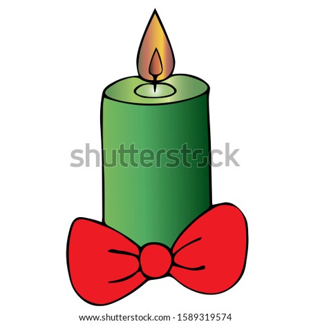Christmas candle. Bow decoration. Colored vector illustration. Isolated background. Cartoon style. Magic attribute. The hot wax flows down the candle. Hot flame. Divination. Christmas. Christmastide. 