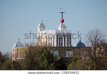 View of part of the historic Royal Observatory at Greenwich, London.  This Stuart building crosses the Greenwich Meridian.  