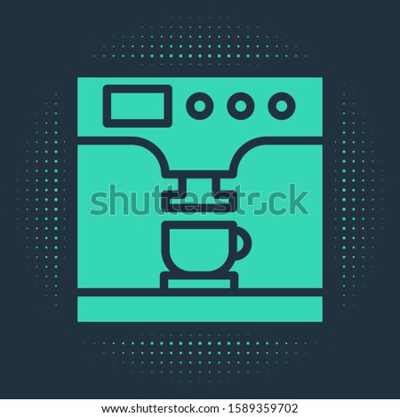 Green Coffee machine and coffee cup icon isolated on blue background. Abstract circle random dots. Vector Illustration