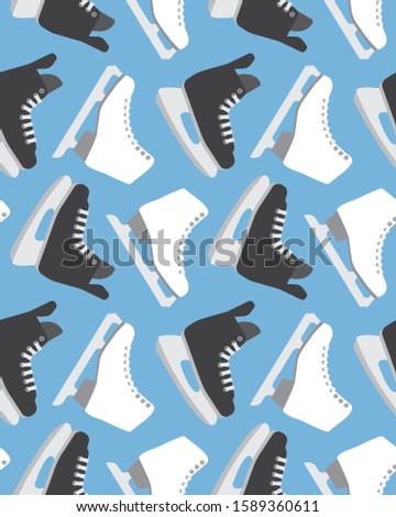 Vector seamless pattern of flat cartoon hockey and figure ice skates isolated on blue background