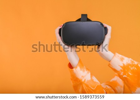 Glasses of virtual reality. Augmented reality, future technology concept. VR. Bright trendy background. Free space for text.