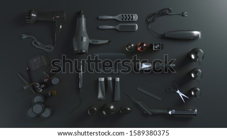 Hairdresser working tools on a black table. Hairdresser tools in beauty salon work desk on black background top view. Royalty-Free Stock Photo #1589380375