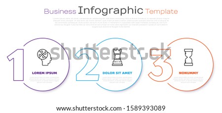 Set line Human head puzzles strategy, Business strategy and Old hourglass with flowing sand. Business infographic template. Vector