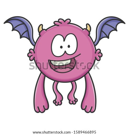 Happy purple flying cartoon bat monster isolated on white