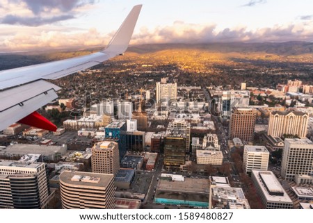 Aerial view of downtown San Jose in the evening; Silicon Valley, South San Francisco Bay Area, California