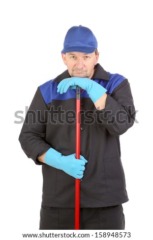 Working man with broom. Isolated on a white background.