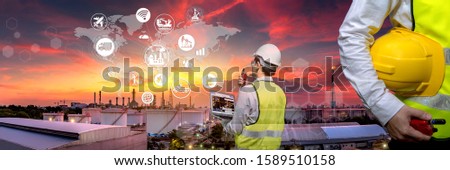 Industry 4.0 Oil refinery and double exposure icon concepts, networking and data exchange and modern technology for the world industrail. Royalty-Free Stock Photo #1589510158