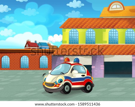 cartoon ambulance car driving through the city or parking near the garage - illustration for children