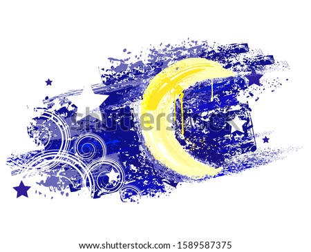 moon and night sky with stars painted saturated yellow and blue paint.