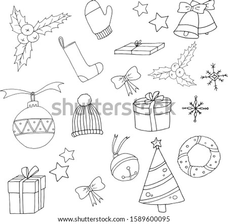 Christmas doodle collection with holly, chrystmas decorations, garland, bells, wreath and gifts.Vector hand drawn elements isolated on white.Design for seasonal cards, posters and printed materials
