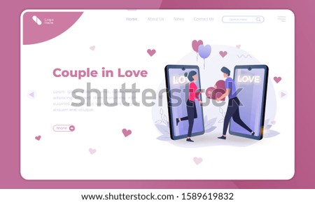 Flat illustration of couple in love, men meet women from a dating application
