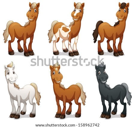 Illustration of the six smiling horses on a white background