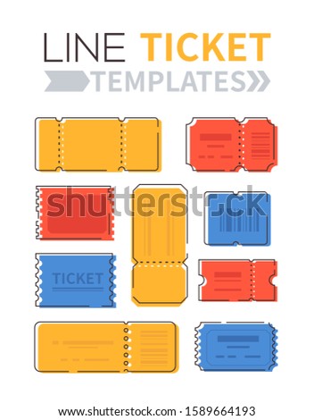 Line ticket templates - set of vector elements isolated on white background. Blue, yellow, red outline passes of different shapes, barcodes, with detachable sections. Cinema, transport, flight items