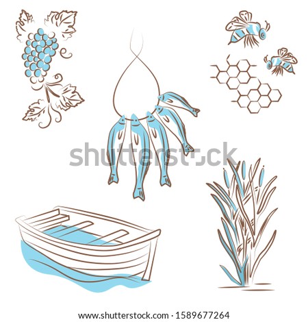 Illustration, logo about summer types of recreation on the river. Sketches of boats, reeds, fishing, fish on a rope, bees collect honey, honeycombs, grapes, wine.