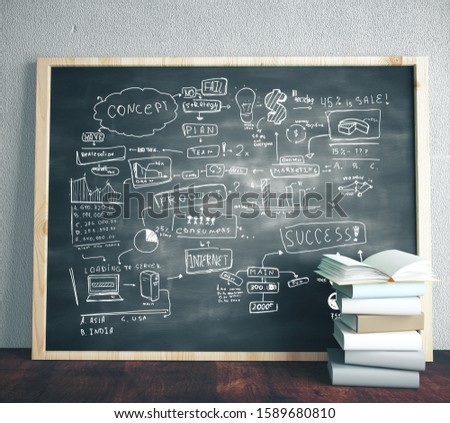 Black blackboard with drawing business plan standing on wooden floor. Success and startup concept. 3D Rendering