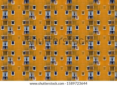 photo based yellow facade detail illustration raster image with small white windows, fabric curtain and stucco exterior wall finish. overlay composition. abstract and wall art image.