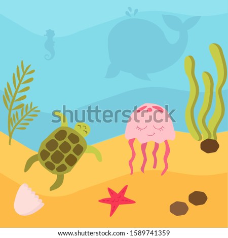 vector illustration. Underwater world, marine life. Jellyfish and seahorses, whale and stars, turtles swim in the water. Around the sea weed, the sand and air bubbles. Brightly colored