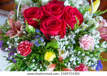 Bouquet of fresh red, white , orange roses . bouquet of multicolored roses . Red flower picture close up in the bouquet.