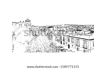 Building view with landmark of Evora is the capital of Portugal's south-central Alentejo region. Hand drawn sketch illustration in vector.