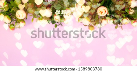 Banner bouquet of flowers and gift boxes on pink background with heart lights. Concept Valentine's day, mother's holiday, wedding or March 8 greeting card
