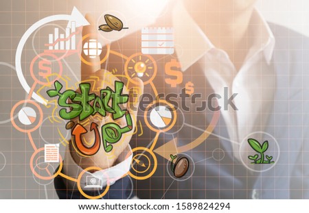 business man and strategy plan cartoon with the icon and word in the Glass bottles in business startup concept with Warm light Composition and white background, Business growth in leader hand.