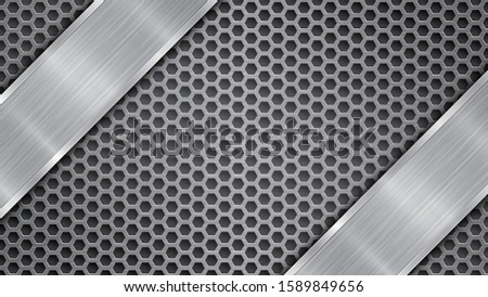Background in gray colors, consisting of a metallic perforated surface with holes and two polished plates with metal texture, glares and shiny edges