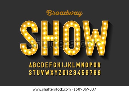 Broadway style retro light bulb font, vintage alphabet letters and numbers, vector illustration Royalty-Free Stock Photo #1589869837