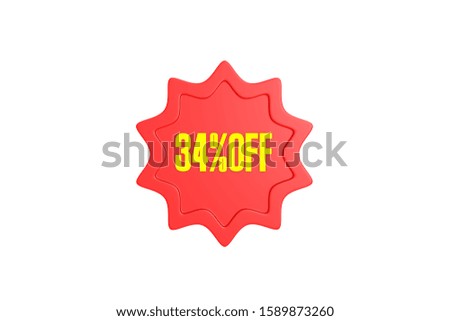34 percent off 3d sign in yellow with red color isolated on white background, 3d illustration.